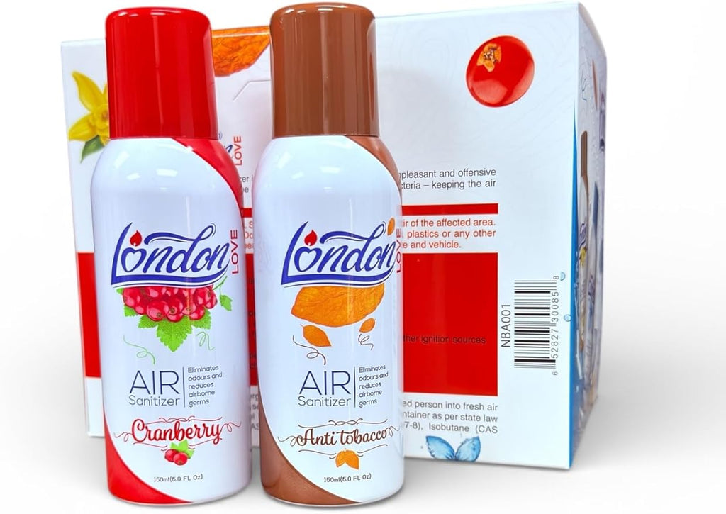 London Love Air Freshening Spray – (12 Count 4 Scents) Features 3 of each scent (Ocean Splash Anti Tobacco Cranberry Vanilla) – Odor Eliminator for Home Car Office &amp More