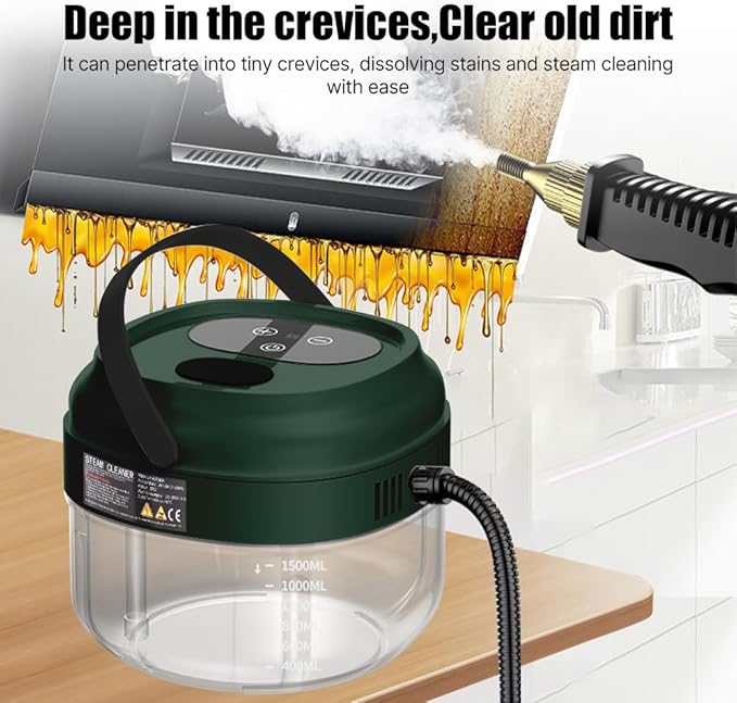 Pressurized Handheld Multi-Surface Steam Cleaner with 3 Brushes and Extended Rod for Home Portable Deep Cleaning Steamer with 6 Gear Adjustable Digital Touch Screen 1500ml Water Tank for Kitchen