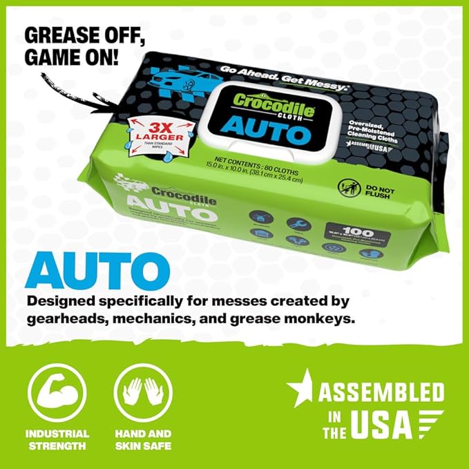 Crocodile Cloth Auto Cleaning Wipes – 100 XL (15 x 10) Disposable Wipes for Car Engine Degreasing Body Detailing &amp Tire Cleaning – Cuts Grease Oil Adhesives on Hands Tools Parts &amp More