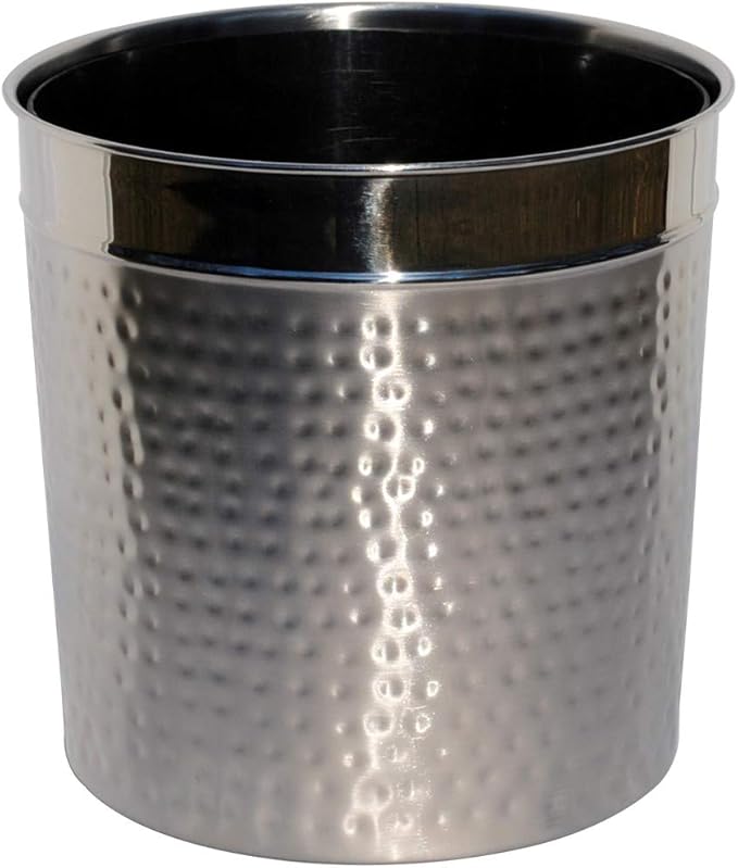 3SCompany Hammered 2 Tone Waste Basket with Liner 5 Quart Stainless Steel Shiny and Satin Hand Hammered