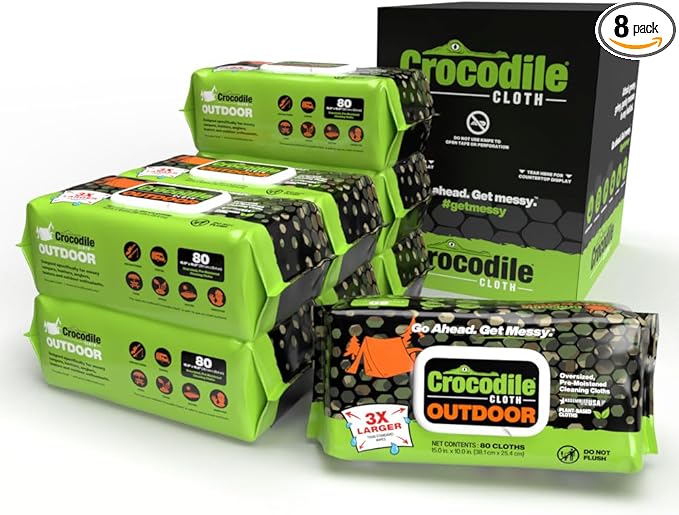 Crocodile Cloth Outdoor Cleaning Wipes – 8 Packs/640 Total Count Plant-Based Cloths (15x10) Skin Safe Pre-Moistened Aloe &amp Vitamin E Infused Large Absorbent Multi-Surface Disposable Wipes