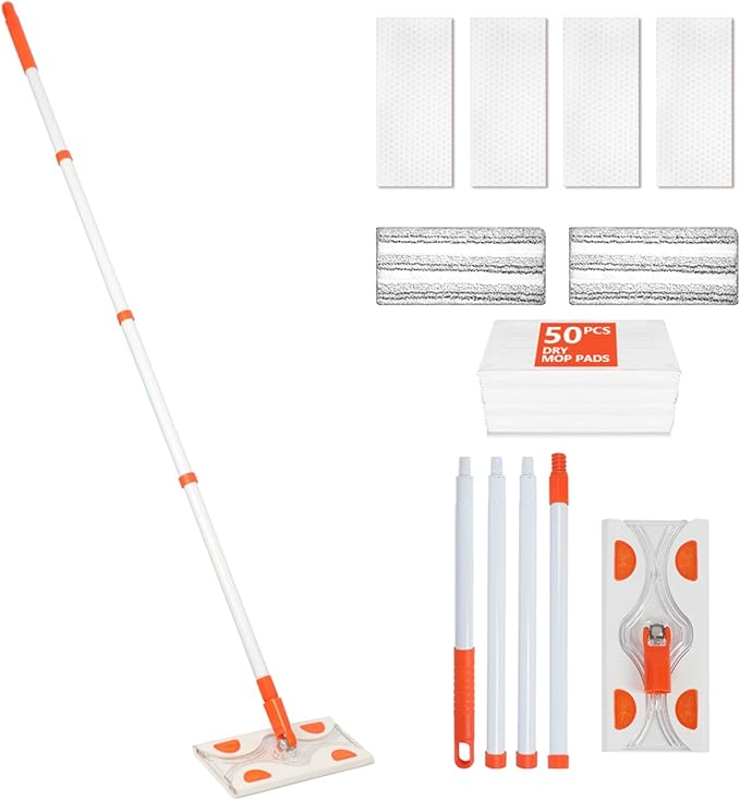 Mops for Floor Cleaning55 Handle with 10 Flat Head with 4 Magic Sponge Eraser Pads、2 Microfiber Pad and 50 Dry Cleaning Clothsfor Mopping Home Bathroom Kitchen