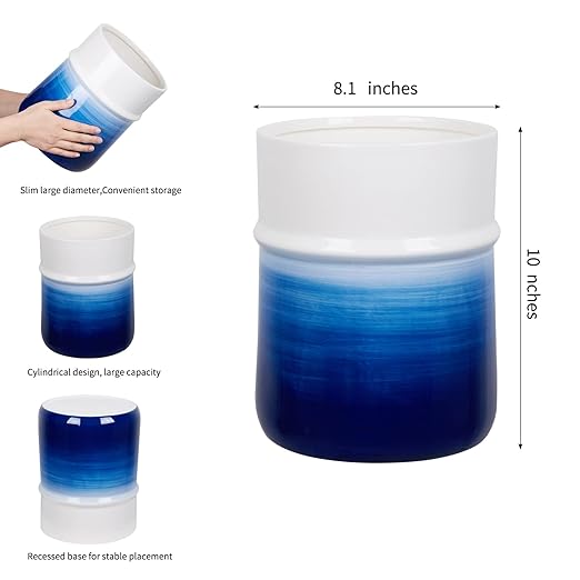 Decorative Round Small Trash Can Wastebasket Garbage Container Bin for Bathrooms Powder Rooms Kitchens Home Offices-Hand Painted Navy BlueCeramic