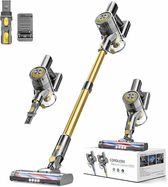 Cordless Vacuum CleanerVacuum Cleaner for Home with Brushless MotorLightweight Stick Vacuum with Self-Standing and Touch ScreenHardwood Floor Vacuum for Pet HairCarpetsTile(Gold)