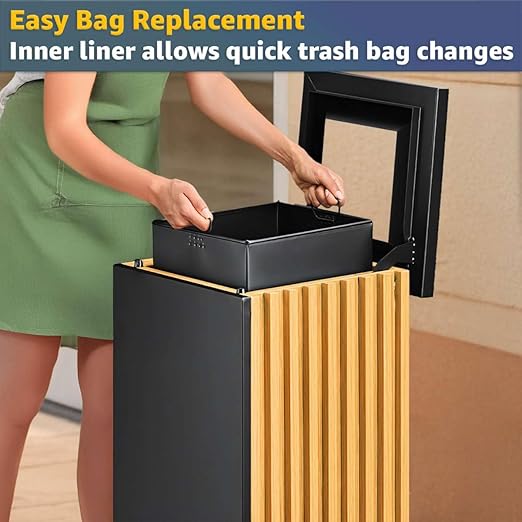 13 Gallon Commercial Outdoor Trash Can - Square Decorative Waste Bin with Steel &amp Wood Composite Design Hinged Lid Open Top Garbage Can for Retail Stores Hotel Lobbies Airports