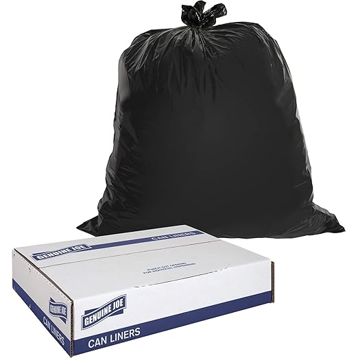 Genuine Joe GJO01535 Heavy Duty Low-Density Puncture Resistant Can Liner 60 gallon Capacity 56 Length x 39 Width x 1.50 mil Thickness Black (Box of 50)
