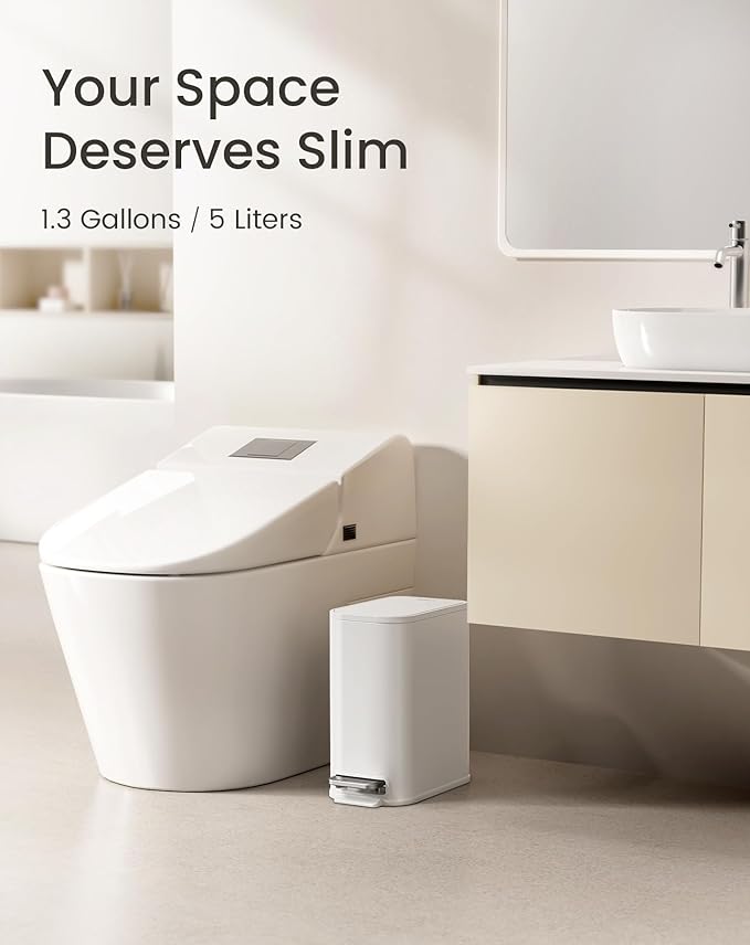 Cesun Small Bathroom Trash Can with Lid Soft Close Step Pedal 5 Liter / 1.3 Gallon Stainless Steel Garbage Can with Removable Inner Bucket Waste Basket for Bathroom Bedroom (White)