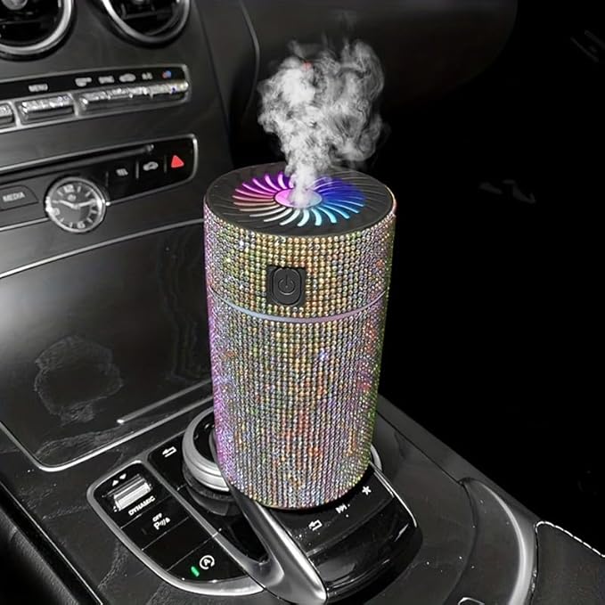 Luxury Rhinestone Car Diffuser Humidifier With LED Light Auto Air Purifier Aromatherapy Diffuser Air Freshener Car Accessories (white)