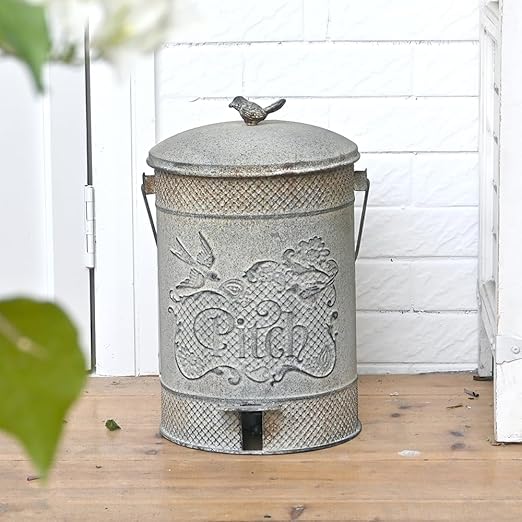 Farmhouse Garbage Can with Lid Indoor Outdoor Trash Can with Embossed Bird and Flowers PatternMetal Retro Kitchen Trash Can with Lid for Kitchen Room and Garden Decor (Grey)