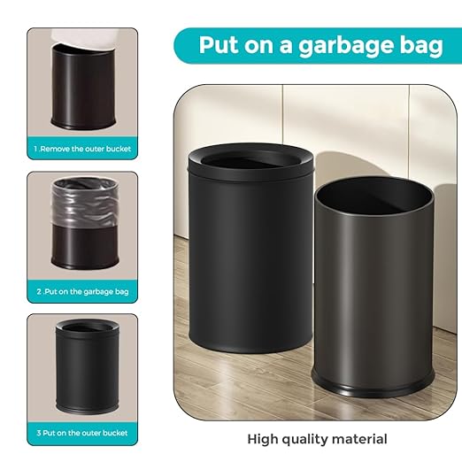 3.17 Gallon/12L Elegant Garbage CanDouble Layers Metal Trash CansLight Luxury Black Waste Basket for BathroomBedroomKitchenHotelOfficeBankHomeCafe (Black 12L)