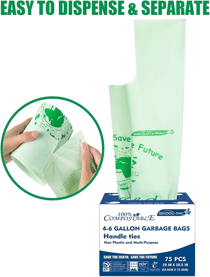 4-6 Gallon Compostable Trash Bags 150 Count - Kitchen Trash Bags with Handle Sturdy Biodegradable Garbage Bags for Food Scrap Waste ASTM D6400 US BPI Certified