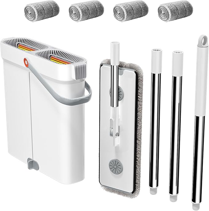 CTIME Flat Mop and Bucket Set with WringerWet and Dry UseHands-Free Flat Mops for Floor Cleaning and Window Wall Cleaner with 4 Microfiber Pads.