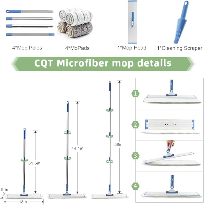 CQT Commercial Flat Microfiber Floor Mop Cleaning System 18 Inch Wet Dry and Dust Hardwood with 4 Washable Pads Cleaner for Laminate Tile Stainless Steel Handle and Extension (PT13-Blue)
