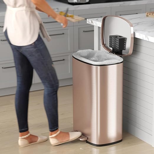 iTouchless SoftStep 13.2 Gallon Step Kitchen Trash Can with Lid and Odor Filter Stainless Steel Rose Gold 50 Liter Trashcan for Home Office Bedroom Garage Living Room Bathroom Slim Wastebasket