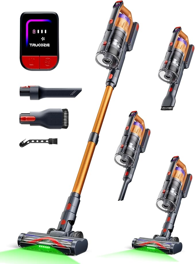 Cordless Vacuum Cleaner for Home Upgraded 60Kpa Powerful Suction Pet Hair Vacuum with 70min Runtime Green LED Light for Hardwood Floors &amp Carpet Self-Standing Rechargeable Stick Vacuum Golden