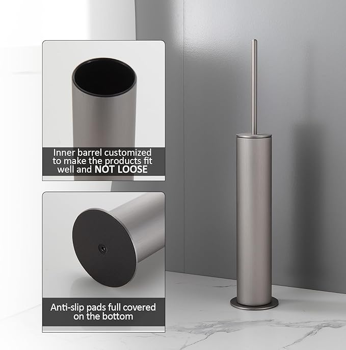 BGL Toilet Brush with Holder Set Brushed Nickel Aluminium Standing for Bathroom Toilet Bowl Cleaner Brush and Holder Set Round Design