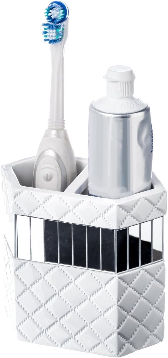 Creative Scents Quilted Mirror White Bathroom Accessories Set - Decorative 4 Piece Bathroom Set - Mirrored Bathroom Accessory Set Includes: Soap Dispenser Toothbrush Holder Tumbler &amp Soap Dish