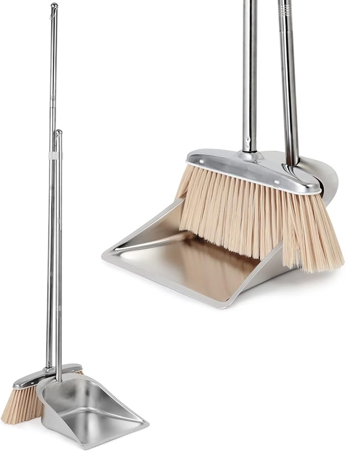 VOOWO Broom and Dustpan Set for Home Stainless Steel Broom and Dustpan Set with Long Handle Heavy Duty Dustpan Broom Set Standing Dust Pan Kitchen and Home Indoor Outdoor Broom