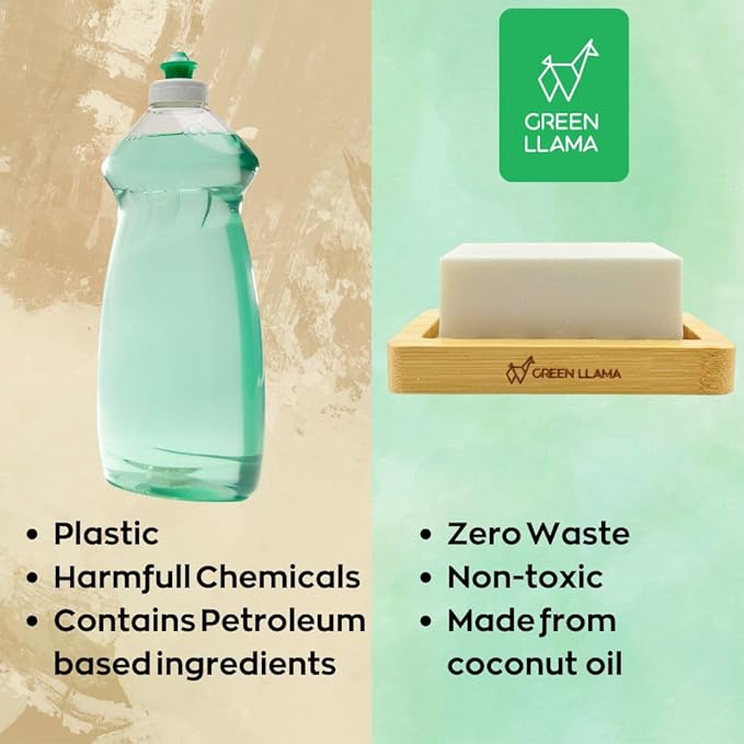 Green Llama Eco-Friendly Dish Washing Bar Soap Set with 2 Fragrance-Free Solid Coconut Oil Bars Sisal Scrub Brush and Bamboo Holder - Sustainable Kitchen Cleaning set