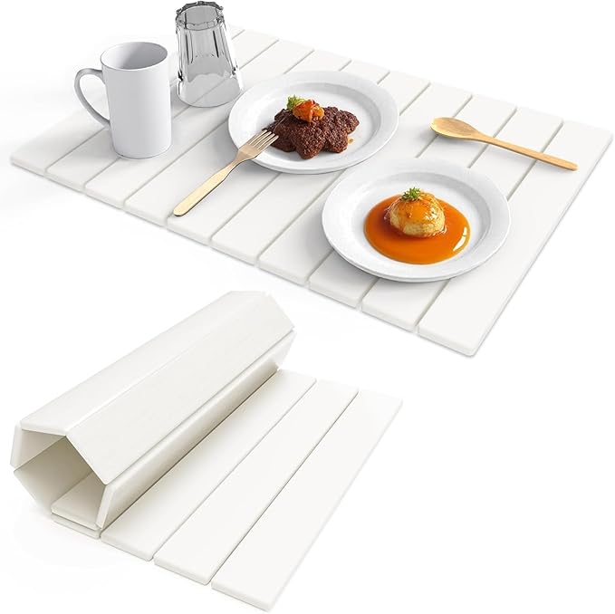 Stone dish drying mats for kitchen counter large 23.6L x 15.4W foldable diatomite dish stone drying mat quick dry extra fast absorbent roll up rack White/Black foldable stone dish drying mat