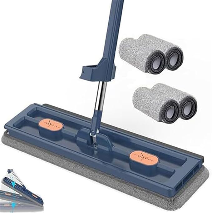 Wall Mop Cleaner with Long Handle Large Flat MopEasy Squeeze Automatic Self-Wringing Flat with 6 Reusable Microfiber Pads Dry and Wet 12027(Blue)