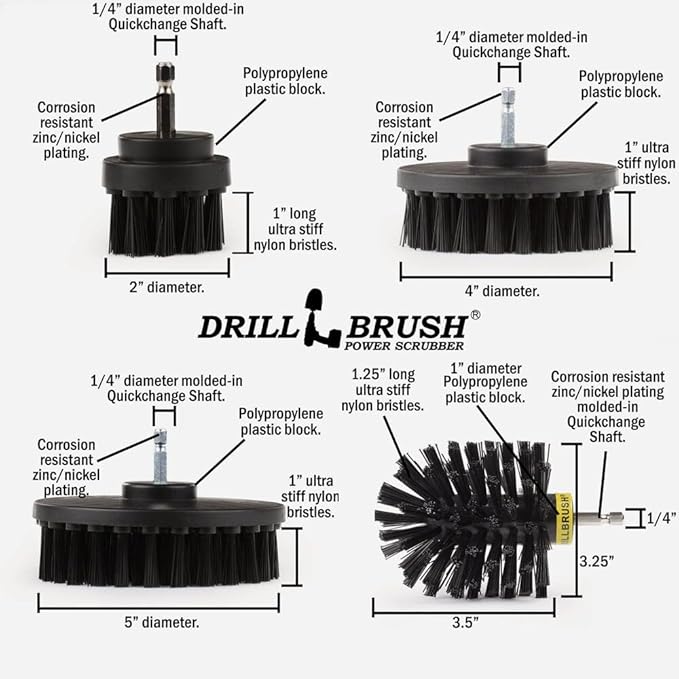 Drillbrush BBQ Grill Cleaning Kit - Safe Nylon Grill Brush | Drill Brush Set - Ultra Stiff Power Scrubber Attachments for Loose Paint De-Scaling Rust and Graffiti Removal on Stone Brick and Masonry