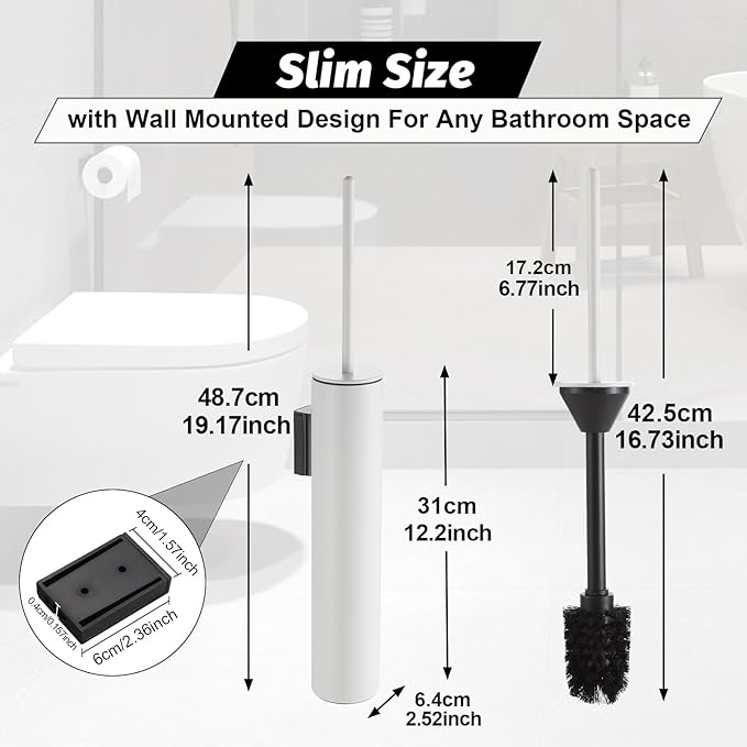 BGL Toilet Brush and Holder Set White Wall Mounted for Bathroom Round Design