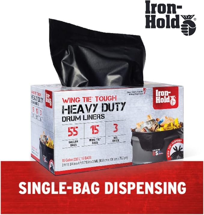 Contractor Trash Bags - 55 Gallon 15 Bags Wing Tie Closure 3 MIL Thick Gusseted Bottom Black - Heavy Duty Industrial Strength Garbage Bags