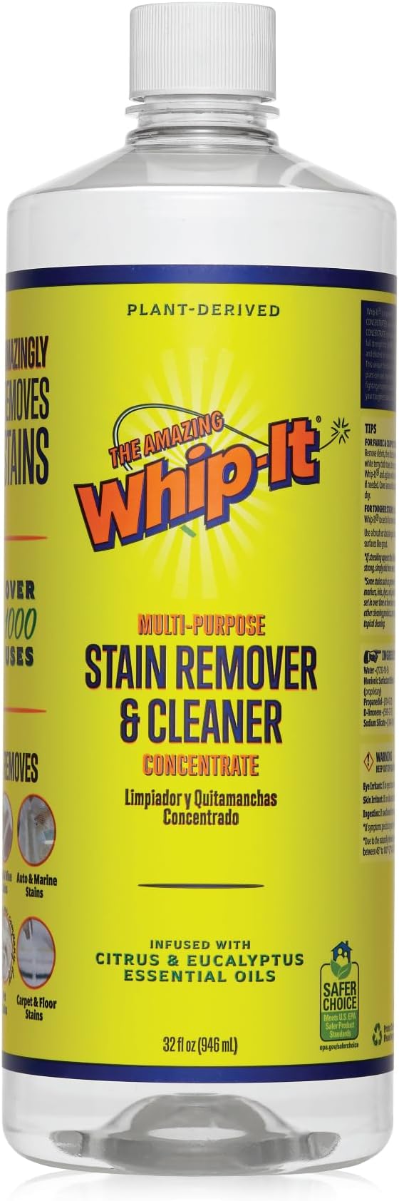Whip It Cleaner Multi Purpose Stain Remover CONCENTRATE Makes 32 Bottles Plant Based Enzyme Cleaner Cleaning Food Grease Coffee Wine Baby Stains pet stains Over 500 uses Made in USA 32 OZ