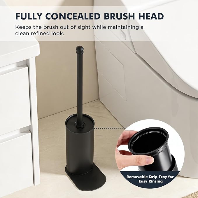 Toilet Brush and Holder Set Stainless Steel Toilet Bowl Brush with 16.5 Long-Reach Handle Tilted Canister with Concealed Brush Head &amp Anti-Splash Shield for Bathroom Cleaning 1 Spare Head Incl