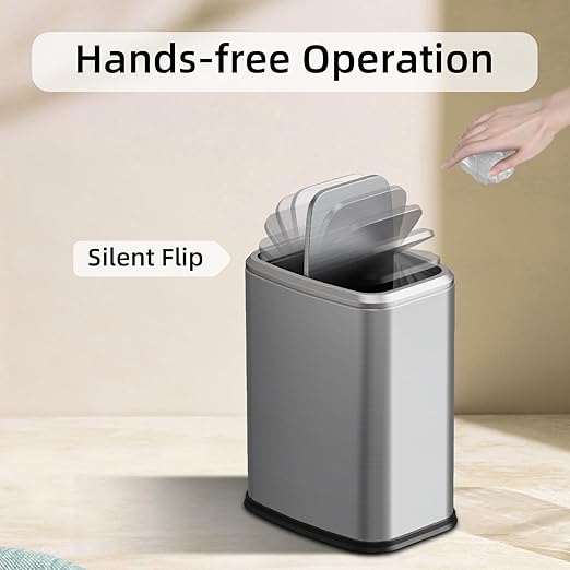 8L/2.1 Gal Small Bathroom Trash Can with Lid Swing-Top Rectangular Waste Bin Stainless Steel Garbage Can for Home Office Toilet Bedroom Living Room (Silver)