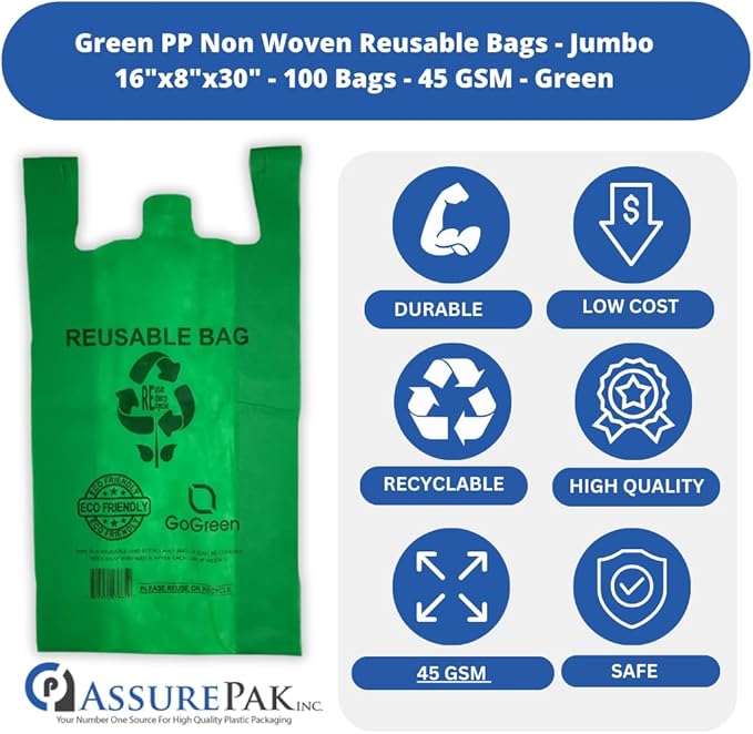 ASSUREPAK Green PP Non Woven Reusable Bags - 100 Bags - 1/6 BBL 12X7X22 - 45 GSM - Green - 12722GRNPPNWRB45
