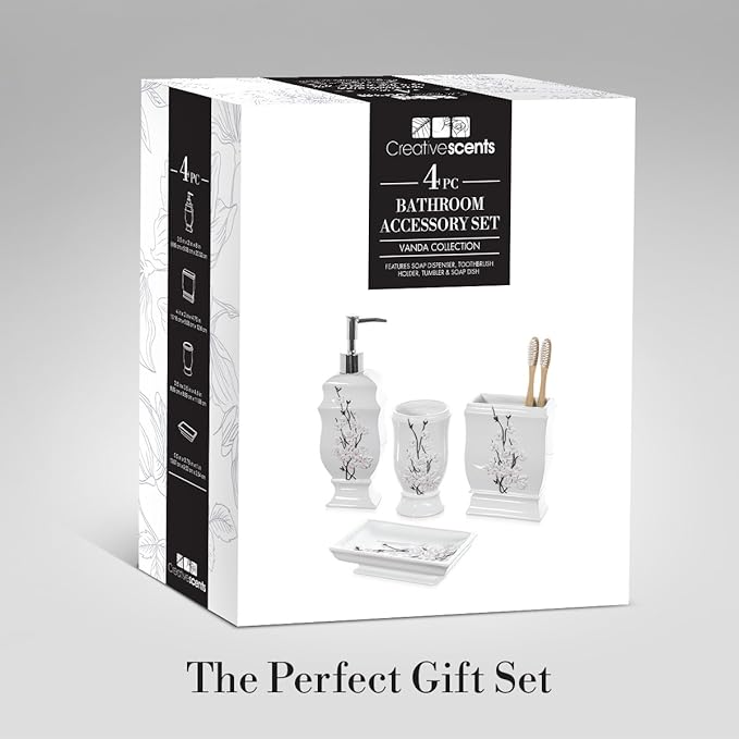 Creative Scents Vanda Bathroom Set - Cherry Blossom White Bathroom Accessories Set - 4 Piece Floral Bathroom Soap Dispenser Set Includes: Lotion Dispenser Toothbrush Holder Tumbler &amp Soap Dish