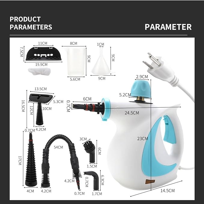 Handheld Steam Cleaner Multipurpose 1050W Motor 9 Accessories 3.0BAR High-Pressure Steam 135°C Fast Steam 0.4L Tank 8-10 Mins Runtime – for Kitchen Bathroom Car Furniture (Blue @ white)