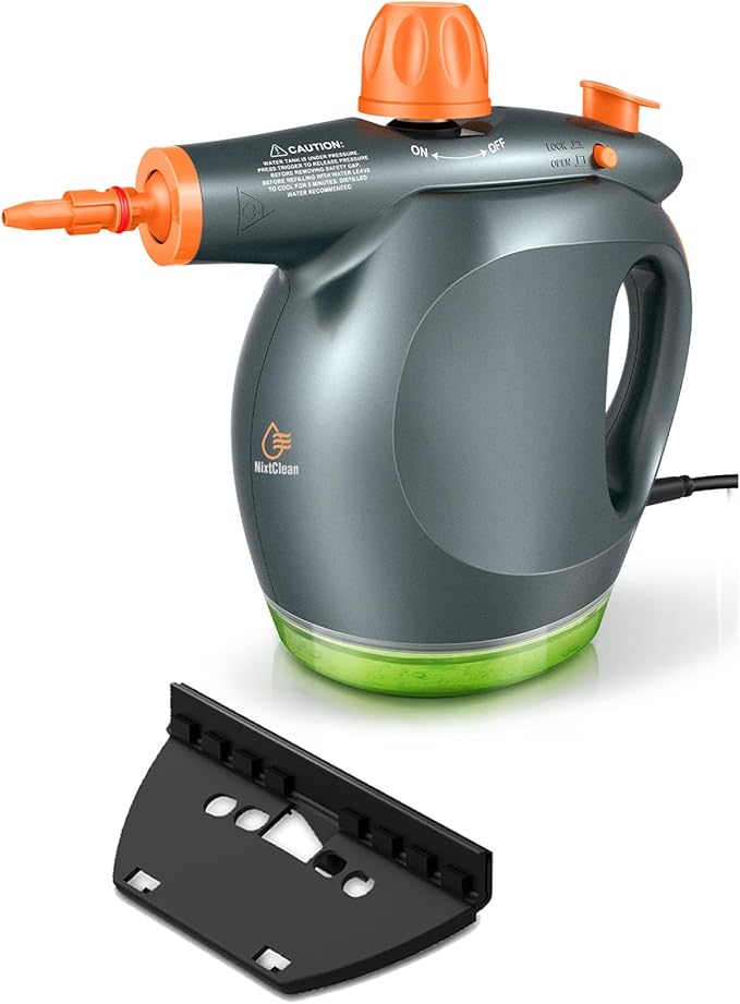 1250W Powerful Handheld Steam Cleaner with Detergent Container &amp Safety Lock + NixtClean EM-317 Window/Door Cleaning Tool Bundle - Multifunctional Pressurized Hand Held Steamer for Kitchen/Bathroo