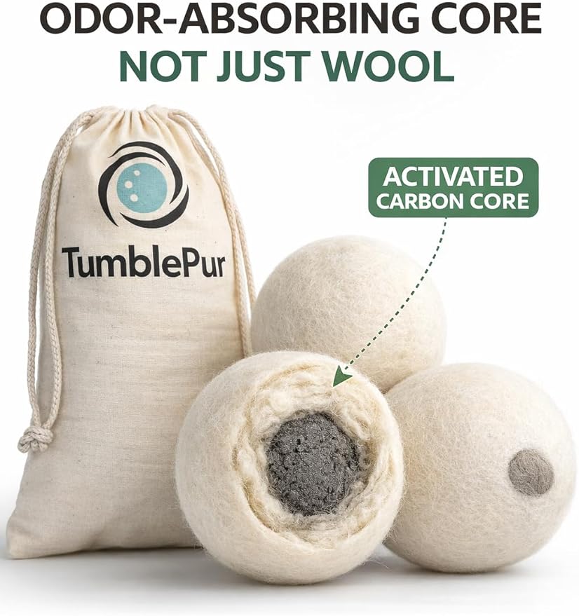 XL Wool Dryer Balls (3-Pack) with Activated Carbon – Odor Eliminating &amp Fragrance-Free Laundry Deodorizer Natural Fabric Softener Alternative Reusable Eco-Friendly Dryer Balls