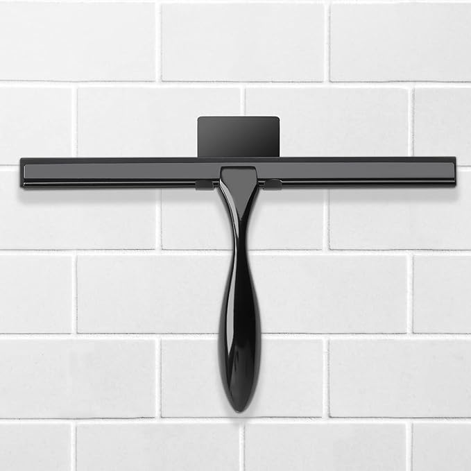Simtive 12-Inch Shower Squeegee Set Includes Shower Door Hook and Adhesive Hook Squeegee for Shower Doors Mirror and Window Black
