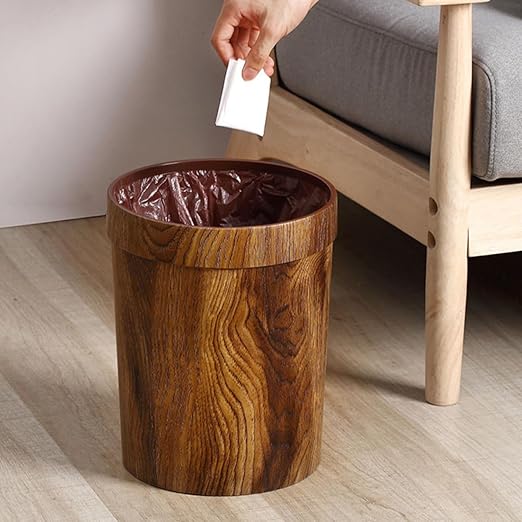Wood Grain Trash Bin 14L Vintage Round Garbage Can with Press Ring for Hotel Rooms Bedroom Office and Bathroom Wastebasket