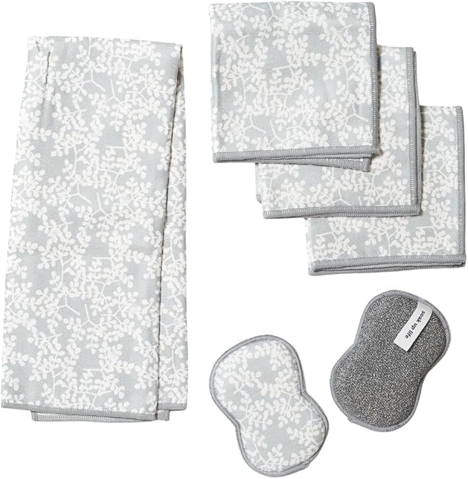 Kitchen Bundle in Laurel Grey Super Absorbent Reusable Towel Counter Cleaners and Washable Sponges Made from Recycled Materials Eco Friendly 6 Piece Cleaning Set