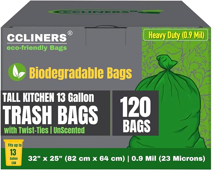 Tall Kitchen Biodegradable Trash Bags 13 Gallon (120 Bags) Eco-friendly Medium Green Garbage Bag 55 Liter Landfill-Friendly Can Liners Portable Camping Toilet Bags Made With epi (120 count)