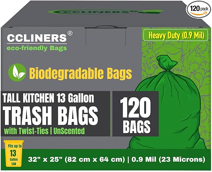 Tall Kitchen Biodegradable Trash Bags 13 Gallon (120 Bags) Eco-friendly Medium Green Garbage Bag 55 Liter Landfill-Friendly Can Liners Portable Camping Toilet Bags Made With epi (120 count)
