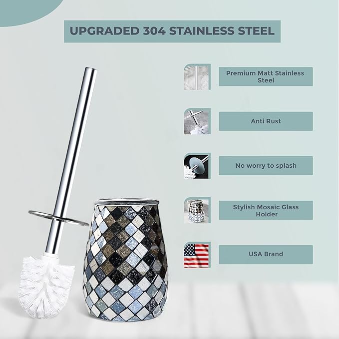 Escenzy Modern Toilet Brush and Holder Set Mosaic Glass | Non-Rustic Stainless Steel | Practical &amp Decorative Toilet Bowl Brush and Holder | Luxury Black and Gold Bathroom Accessories