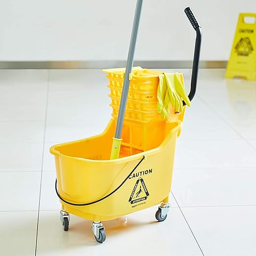 Amazon Basics Commercial Side Press Wringer Floor Cleaning Mop Bucket on Wheels 35-Quart Yellow