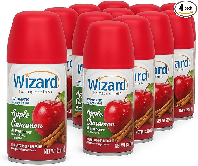 Wizard Automatic Spray Refill – Apple Cinnamon 5 oz (12 Pack) | Compatible with Air Wick Freshmatic &amp Glade Dispensers | Long Lasting Odor Neutralizer for Home &amp Office