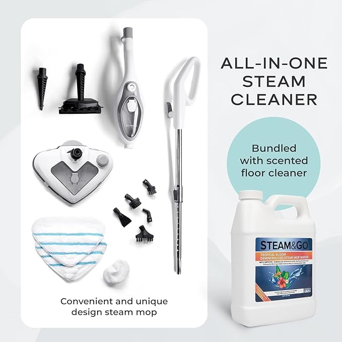 Steam &amp Go - The Housekeeper Steam Cleaner For Floors &amp Demineralized Water Bundle 10-in-1 Hard Floor Cleaner Machine &amp Grout Steam Cleaner with Floor Cleaning Solution 32 oz Tropical B