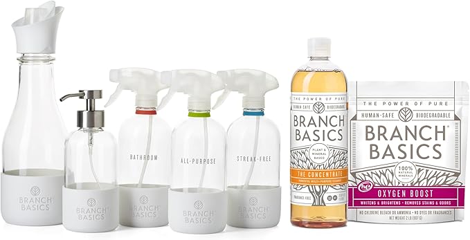 Branch Basics Premium Starter Kit in Glass: All Purpose Cleaner Glass Cleaner Bathroom Cleaner Wash Bottle and Laundry Bottle (3 Glass Spray Bottles + Concentrate) Fragrance-Free