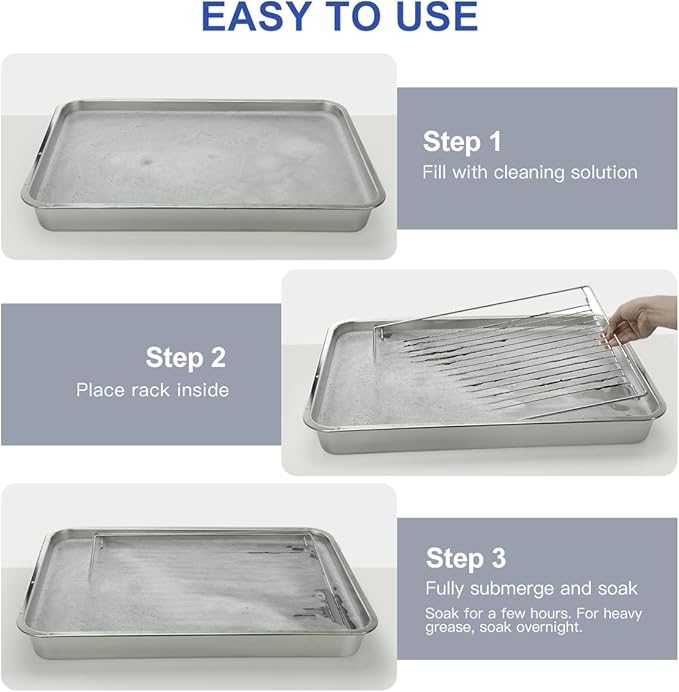 LANMU Stainless Steel Oven Rack Cleaning Tray Large Capacity Soaking Tray for Grill Grates BBQ Rack Reusable &amp Leak-proof Oven Shelf Cleaning Tool
