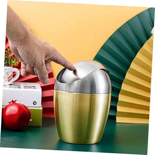 Cabilock Portable Mini Desk Trash Can with Lid Gold Countertop Garbage Bin for Office and Bedroom Sturdy Household Tabletop Wastebasket Decorative Small Desktop Storage Bucket
