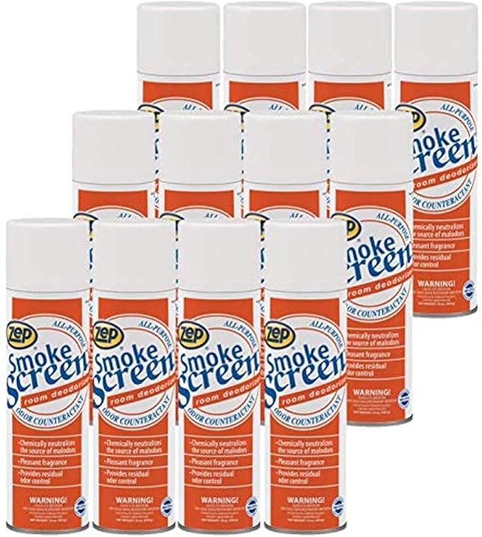 Zep Smoke Screen Deodorizer Spray 16 Oz Aerosol 18701 (Case of 12) eliminates all types of odors produced by cigars cigarettes pipes food and cooking body wastes garbage animals and fire