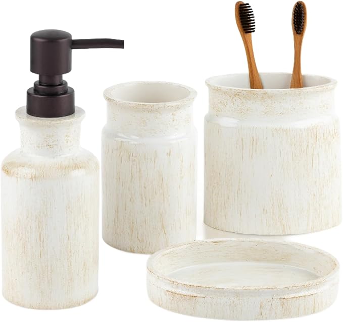 Creative Scents Rustic Luxe Bathroom Accessory Set Complete - 4 Piece Beige Bathroom Soap Dispenser Set has: Lotion Dispenser Toothbrush Holder Tumbler &amp Soap Dish Modern Farmhouse Bathroom Dec